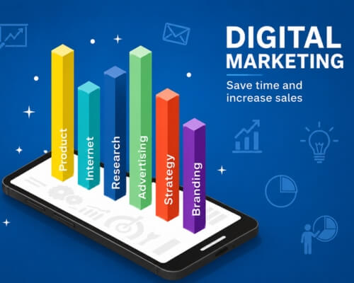 Isometric illustration of a smartphone with bar graphs for product, internet, research, advertising, strategy and branding, representing Skypath Digital's data-driven approach to digital marketing 