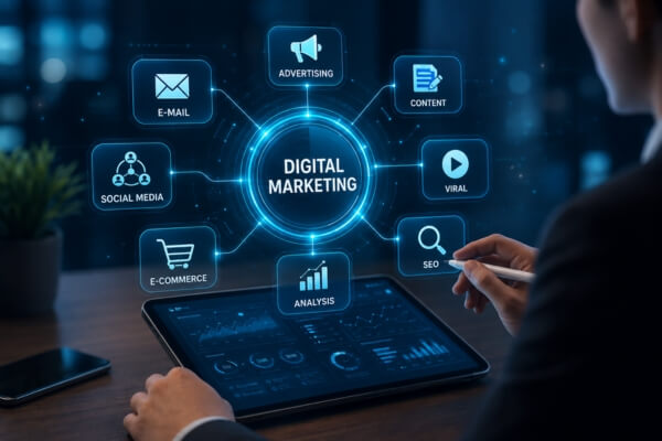 Icons representing digital marketing services like SEO, social media and content, the kind of real strategy Skypath Digital 
                        focuses on 