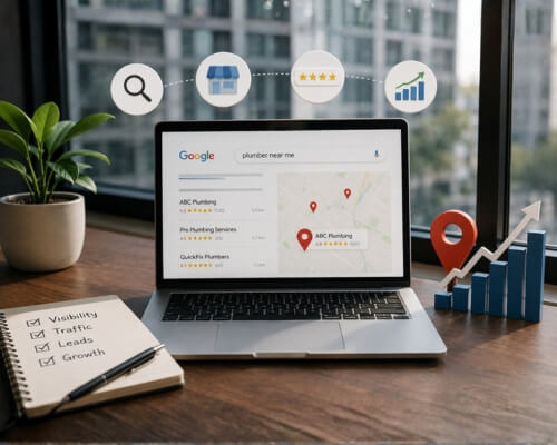 Skypath Digital visual showing a Google search for a local service on a laptop, with icons for visibility, reviews, and growth reflecting the local SEO checklist in the blog