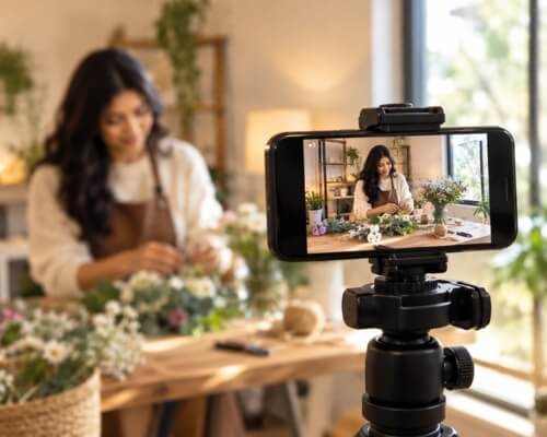Small business owner filming herself arranging flowers with a phone on a tripod, illustrating founder-led social media in the Skypath Digital blog.