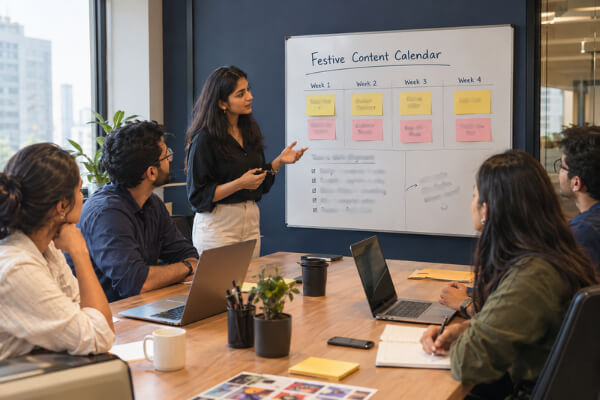 Woman presenting a festive content calendar to her team in a meeting, a planning example from Skypath Digital’s blog on last-minute festive posts.
