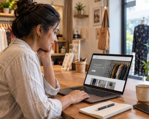 Small business owner reviewing her website on a laptop, reflecting the kind of redesign decisions Skypath Digital helps businesses navigate.