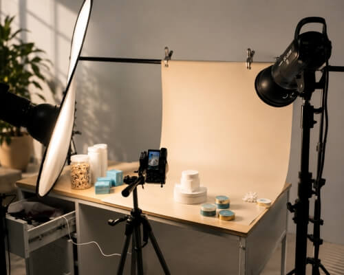 Behind the scenes of a product photoshoot with studio lighting and skincare products styled for the camera, the kind of setup Skypath Digital talks about in its World Photo Day blog.