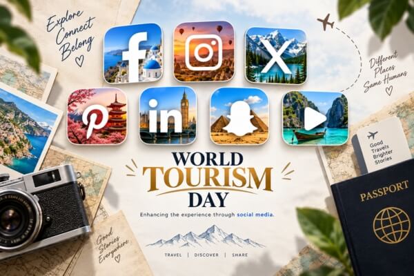 Skypath Digital's World Tourism Day design highlighting social media's role in travel, featuring landmark visuals across platform icons